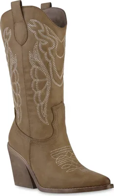 Produktbild von VAN HILL Damen Cowboystiefel Stiefel Spitze Stickereien Western Schuhe 840906, Farbe: Khaki, Größe: 37
