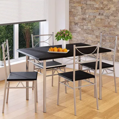 Image de CASARIA® Ensemble table à manger avec 4 chaises noir Ensemble de meubles 5 pièces pour salle à manger cuisine en métal laqué MDF