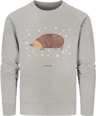 Produktbild von Mr. & Mrs. Panda Baumwoll Pullover Igel Herzen Größe S - Heather Grey - Geschenk, Leben, Lustige Sprüche, Bio, Kuss, Sweatshirt, Herz, Liebe, Sweater, Pulli