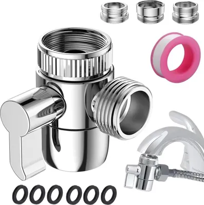 Produktbild von 3 Wege Wasserhähn Adapter Umschaltventil G1/2 Zoll Wasserhahn Diverter Ventil Messing Chrom Poliert, Mit 6 4-Punkt-Gummi-Flachpolstern，mit 3 Adapters für G1/2, M22, M24 Wasserhähn