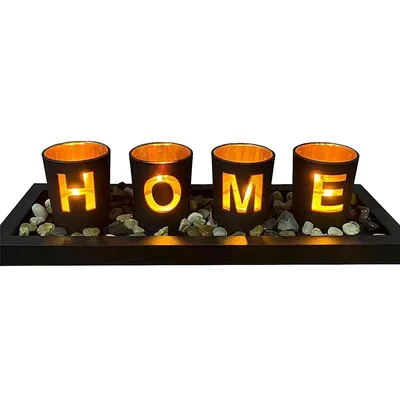 Produktbild von Schwarzer HOME Kerzenhalter, Handgefertigte Holz-Glas Dekoration mit Kristallen, Kreative Teelichthalter für Wohnzimmer & Schlafzimmer
