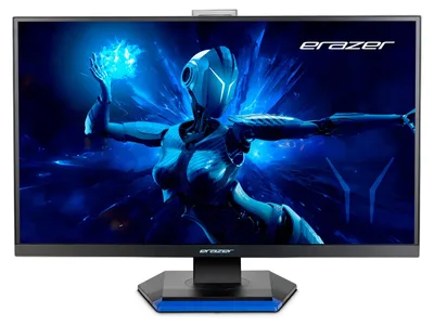 A gaming monitor with a futuristic robot graphic on the screen.