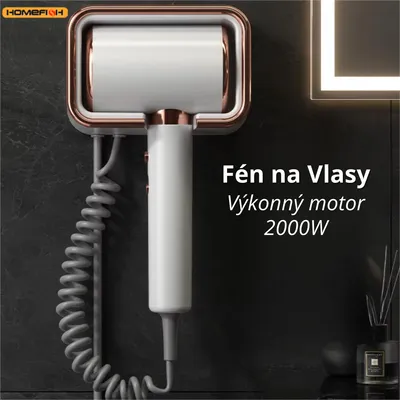 Obrázek produktu pro Hotelový Fén na Vlasy na Zeď 2000W – Nástěnný Fén do Koupelny s EU Zástrčkou, Studený a Teplý Vzduch, Tichý Fén s Ochranou proti Přehřátí – Bílý