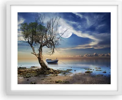 Produktbild von Gerahmtes Poster - Weißer Rahmen - Nacht Mond Boot - 50x40 cm - Wand Bild - Wanddeko - Wandbilder - Kunstposter - Wandposter - Bilderrahmen - Bilder - Kunstdruck - Wandbild - P2WAA50x40-3457