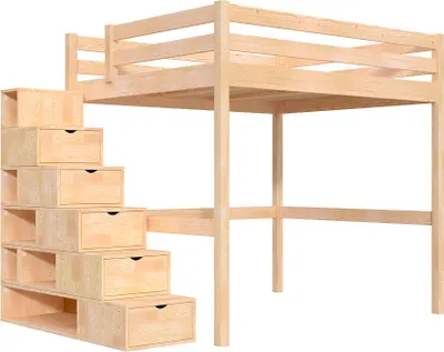 Produktbild von Hochbett holz mit Treppenregal Sylvia - 160x200 - Roh (ohne Lack)