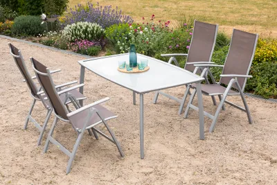 Obrázek produktu pro Merxx "Carrara" 5dílná sada zahradního nábytku se stolem s matnou skleněnou deskou 150 x 90 cm - hliníkový rám stříbrný s textilním potahem taupe