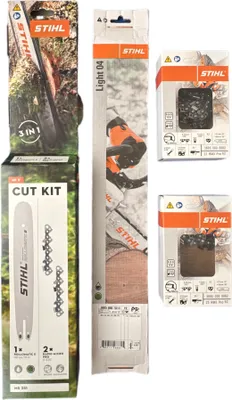 Several Stihl product packages are arranged together.