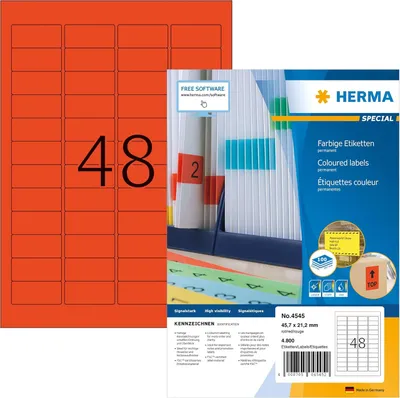 Produktbild von HERMA 4545 Farbige Etiketten rot, 100 Blatt, 45,7 x 21,2 mm, 48 pro A4 Bogen, 4800 Stück, selbstklebend, bedruckbar, matt, blanko Papier Farbetiketten Aufkleber