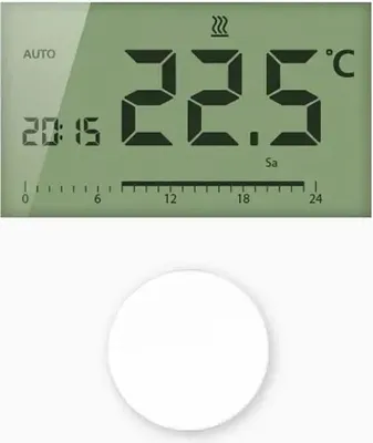 A digital thermostat display showing the current temperature and time, with a circular white object below it.