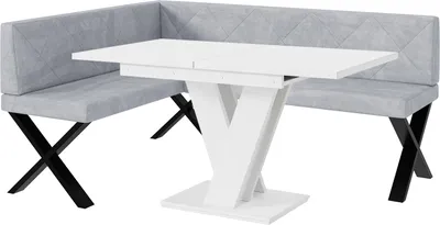 Produktbild von MEBLINI Eckbank für Esszimmer mit ausziehbarem Tisch  - Küchenbank - Essecke - Sitzecke Küche - ERIC - X-Beine 128x168x87cm Links - Hellgrau Samt/M Weiß Matt
