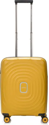 A yellow suitcase with a telescopic handle and wheels, shown from the front against a white background.
