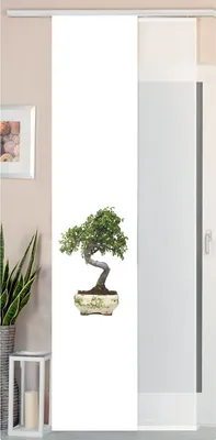A panel curtain with a bonsai tree print is shown in a room setting, next to a window.