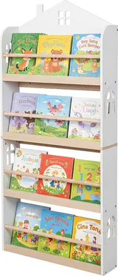 Produktbild von Relaxdays Bücherregal Kinder, HBT: 130 x 60 x 15 cm, Kinderbücherregal Wand, 4 Fächer, Kinderregal Hausform, weiß/natur