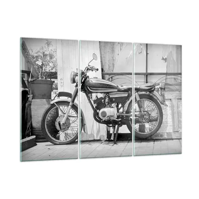 Produktbild von Bilder auf glas - 3 Teile - Alt Motorrad Schwarz und Weiß - 165x110cm - Glasbilder - Wandbilder - Bilder - Wanddekoration aus Glas - Glas Bilder - Wandbild auf Glas - GCE165x110-4487