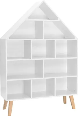 A white house-shaped bookshelf with wooden legs.