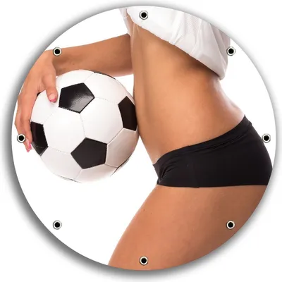 Produktbild von Wallario rundes Outdoor-Poster für Garten oder Balkon, Motiv Fußball - sexy Frau mit einem Fußball, 30 cm Durchmesser