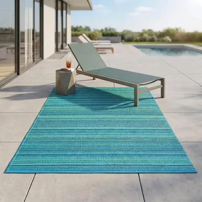Produktbild von Outdoor-Teppich Cancun – Recycelter Kunststoff – Wetterfest, Wendbar, UV-beständig – Gestreift – Türkis & Moosgrün – 150x240 cm