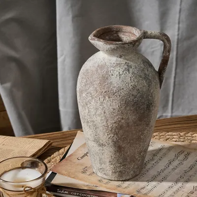 Produktbild von Antike Keramikvase, 24 cm, Terrakotta mit Henkel, gealtertes graues Design, böhmische Inneneinrichtung