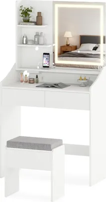 Image de Ensemble coiffeuse avec miroir, éclairage LED et tabouret de rangement, blanc