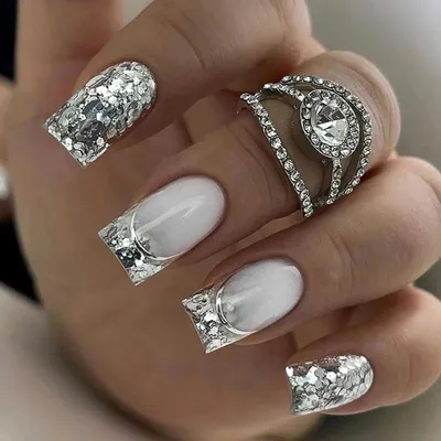 Image de 24 pièces argent brillant French Ongles artificiels Square acrylique Full Cover - ongles naturels pour les femmes