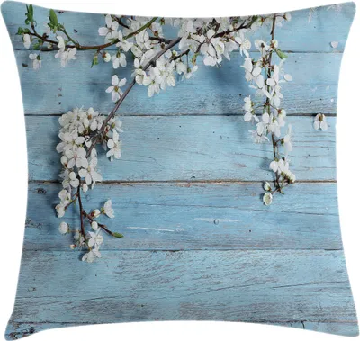 Produktbild von ABAKUHAUS Rustikal Kissenbezug, Blühendem Frühling auf Hölzernem Fläche Weisse Blumen Romantisches Foto, 50 x 50 cm, Weiß Blassblau