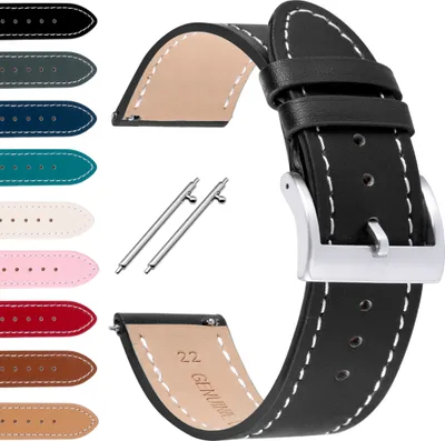 Produktbild von 18 mmUniversal Kompatibel ECHTLEDER Uhrenarmband Ersatz Lederband Basic Quick Release Weiße Naht SCHWARZ