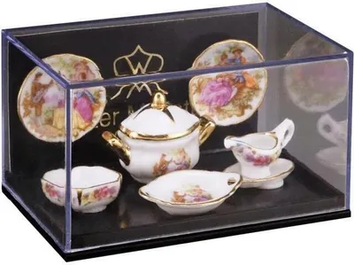 Produktbild von Miniatur Porzellanservice Barock, 2 Gedecke, handbemalt, 24K Gold
