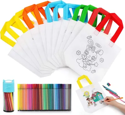 Produktbild von Kinder Stoffbeutel Set,12 Stück Non-Woven Tasche Zum Bemalen & 36 Farbe Buntstifte für Kindergeburtstag DIY Graffiti Taschen
