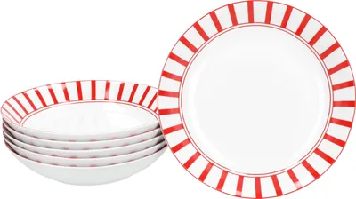 Image de Split rouge rayé Set de 6 assiettes à soupe 450ml Porcelaine 6 pers Assiette creuse Pâtes rayées