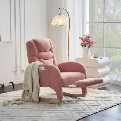 Produktbild von Abrihome Schaukelstuhl aus Teddy-Stoff, gepolsterter Relaxsessel mit Armlehnen, für Wohnzimmer & Schlafzimmer – Rosa