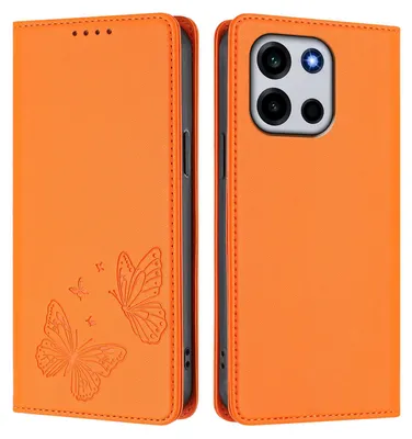 Image de Étui en cuir pour OnePlus Turbo 6, étui de protection en cuir gaufré motif papillon avec support, couleur orange