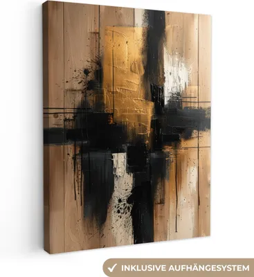 Produktbild von MuchoWow® - Leinwandbilder - Modern - Schwarz - Gold - Farbe, Wandbild, Wanddeko Bilder Wohnzimmer, 90x120 cm