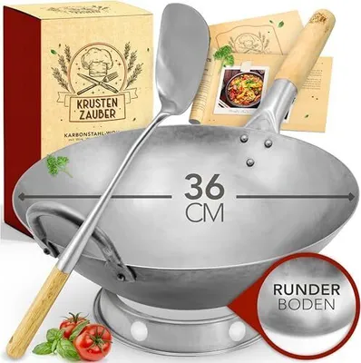 Produktbild von KRUSTENZAUBER 36cm Wokpfanne runder Boden - Traditionelle Stahlwokpfanne mit Wokwender u. Wokring - Wok Pfanne, Wok Induktion, Woklette, Wok Zubehör, Carbon Steel Wok Kohlenstoffstahl
