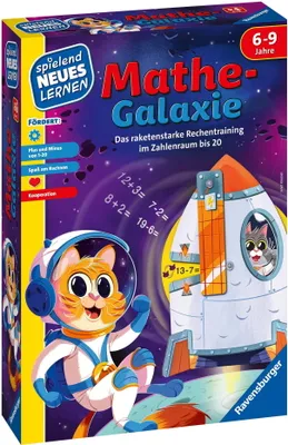 A box for a children's math game featuring cartoon cats in space.
