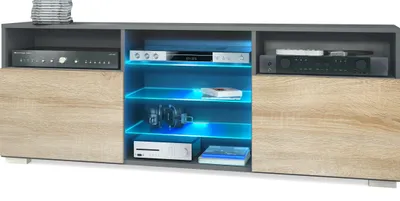 Produktbild von Vladon TV-Board Granada, Lowboard mit 2 Türen und 6 offenen Fächern, Korpus Anthrazit matt, Fronten in Eiche sägerau mit RGB LED-Beleuchtung (146 x 54 x 35 cm)