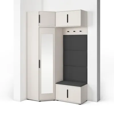 Produktbild von Garderoben-Set Napoli Version 19: Eckschrank mit Polsterpaneelen, Schuhschrank und Schrankaufsatz Flur und Eingangsbereich (Cashmere/Trinity 16)