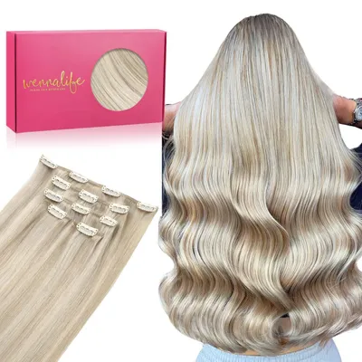 Produktbild von Clip in Extensions Echthaar 85g 5 Stück 55cm Aschblond Highlights Platinblond Remy