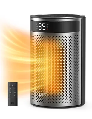 A Dreo Atom 416 heater with a remote control, showing heat waves emanating from the device.
