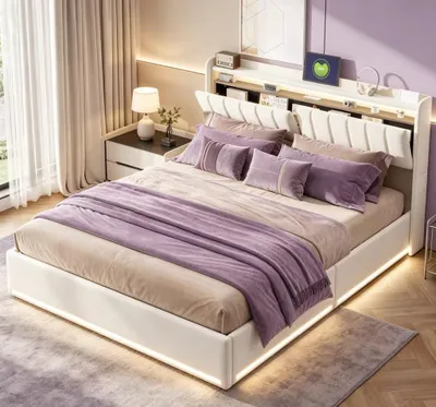 Productafbeelding van Gestoffeerd bed - Bedframe 140x200 cm - LED-verlichting - Opbergruimte in het hoofdeinde - Gasveerlift - Fluweelbekleding - Beige