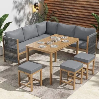 Image de Ensemble de mobilier de jardin avec coussins, banquette d'angle, ensemble de salon en polyrotin, ensemble de balcon, ensemble de table et chaises d'extérieur pour 7 à 8 personnes, comprenant une banquette, 3 chaises et 1 table, en acacia, gris + naturel