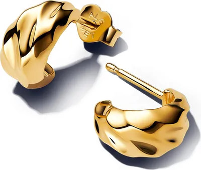 A pair of gold hoop earrings with a textured surface, presented on a white background.