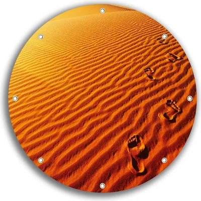 Produktbild von Wallario rundes Outdoor-Poster für Garten oder Balkon, Motiv Fußspuren im Sand - Sanddüne in der Wüste, 30 cm Durchmesser