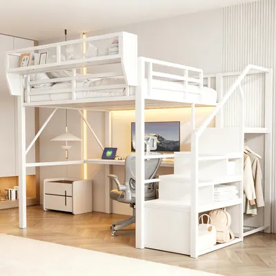 Produktbild von MODFU Jugendbett 140 x 200 mit Schreibtisch,Metall-Hochbett mit LED und Steckdose,Kinderbett Bettgestell mit Leiter und Stauraum ,Weiß (ohne Matratze)