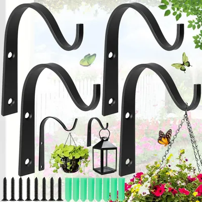 Image de Lot de 4 tuteurs en fer avec crochets muraux, crochets de jardin rétro en métal, supports pour paniers suspendus, crochets de jardin en fer, pour suspensions florales, pots suspendus, lanternes, nichoirs et carillons éoliens (noir)