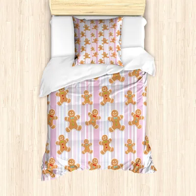 Obrázok produktu pre ABAKUHAUS Sada obliečok na perinu Lebkuchenmann, detský vzor s pastelovým pruhovaným pozadím Cute Bakery Xmas Goodies, 135 x 200 cm + 80 x 80 cm, viacfarebná