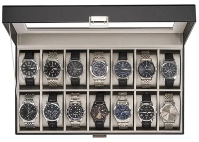 Image de Boîte à montres pour hommes, 14 compartiments, noire, avec couvercle en verre