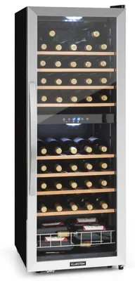 Zdjęcie produktu dla Szafka na wino Klarstein, 2 strefy, wąska, szklane drzwi, ochrona UV, 5-18 °C, 54 butelki