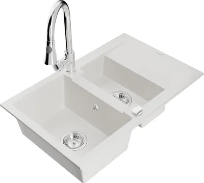 Immagine prodotto di Mexen Gaspar lavello in granito 1,5 vasche con scolapiatti e rubinetto da cucina Elia, bianco - 6507-20-670101-00