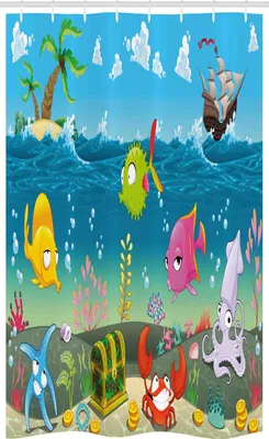 Produktbild von ABAKUHAUS Cartoon Schmaler Duschvorhang, Meerestiere Unterwasser, Badezimmer Deko Set aus Stoff mit Haken, 120 x 180 cm, Mehrfarbig