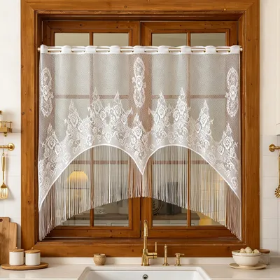 Productafbeelding van Scheidingsgordijn keuken, bistrogordijn, wit, voile, bloemenprint, raschel, kant, boho-stijl, café-gordijn, semi-transparant, geschikt voor slaapkamer of camper, 150x120 cm